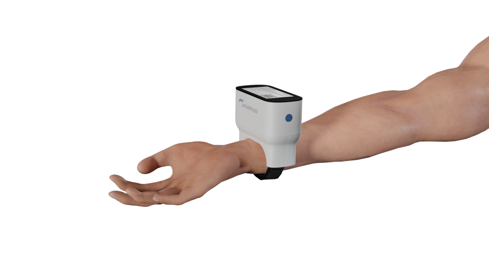 Infrasensor sensor worn on a patient's wrist during a reading.